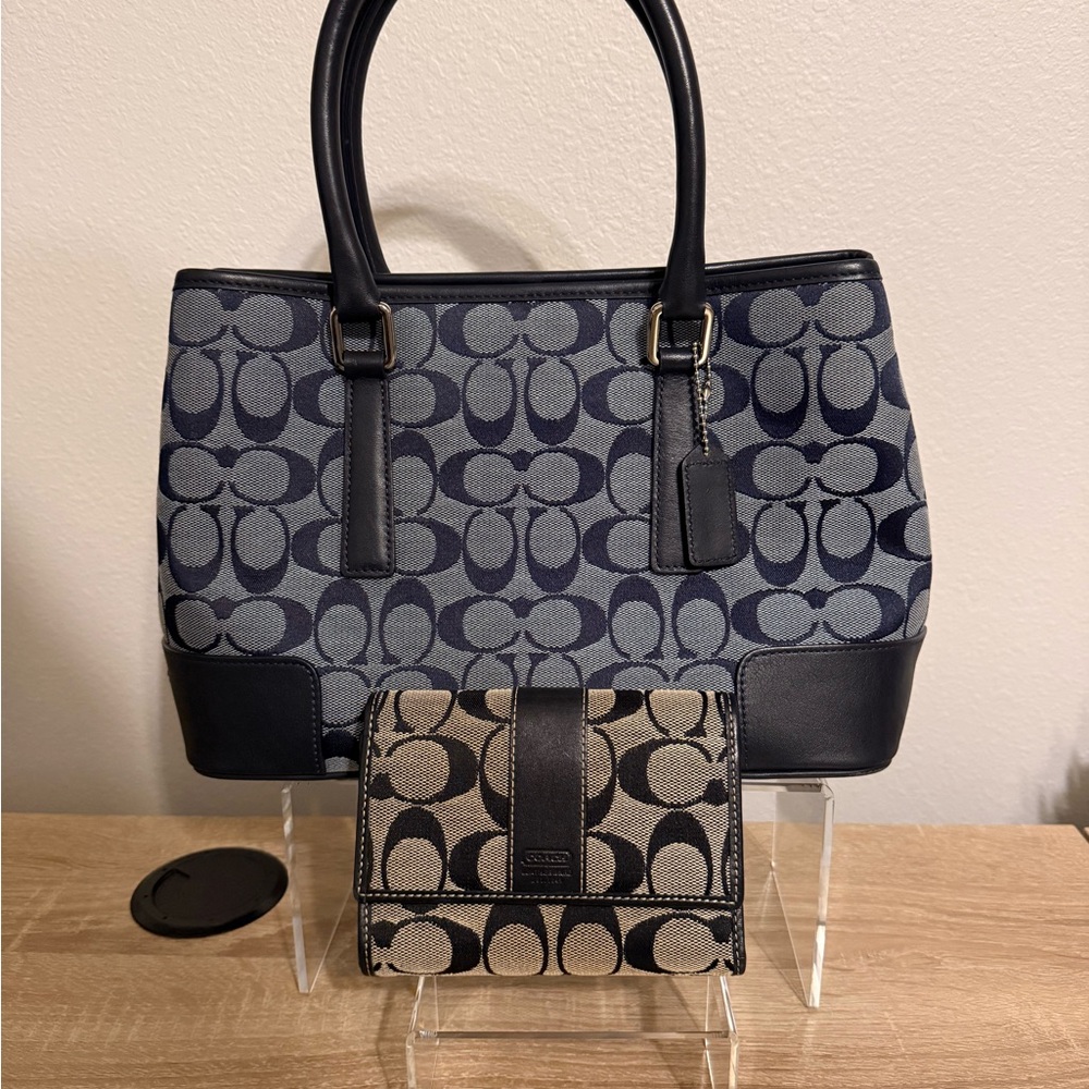 Coach Signature Jacquard Tote and Compact Wallet in Navy and Beige